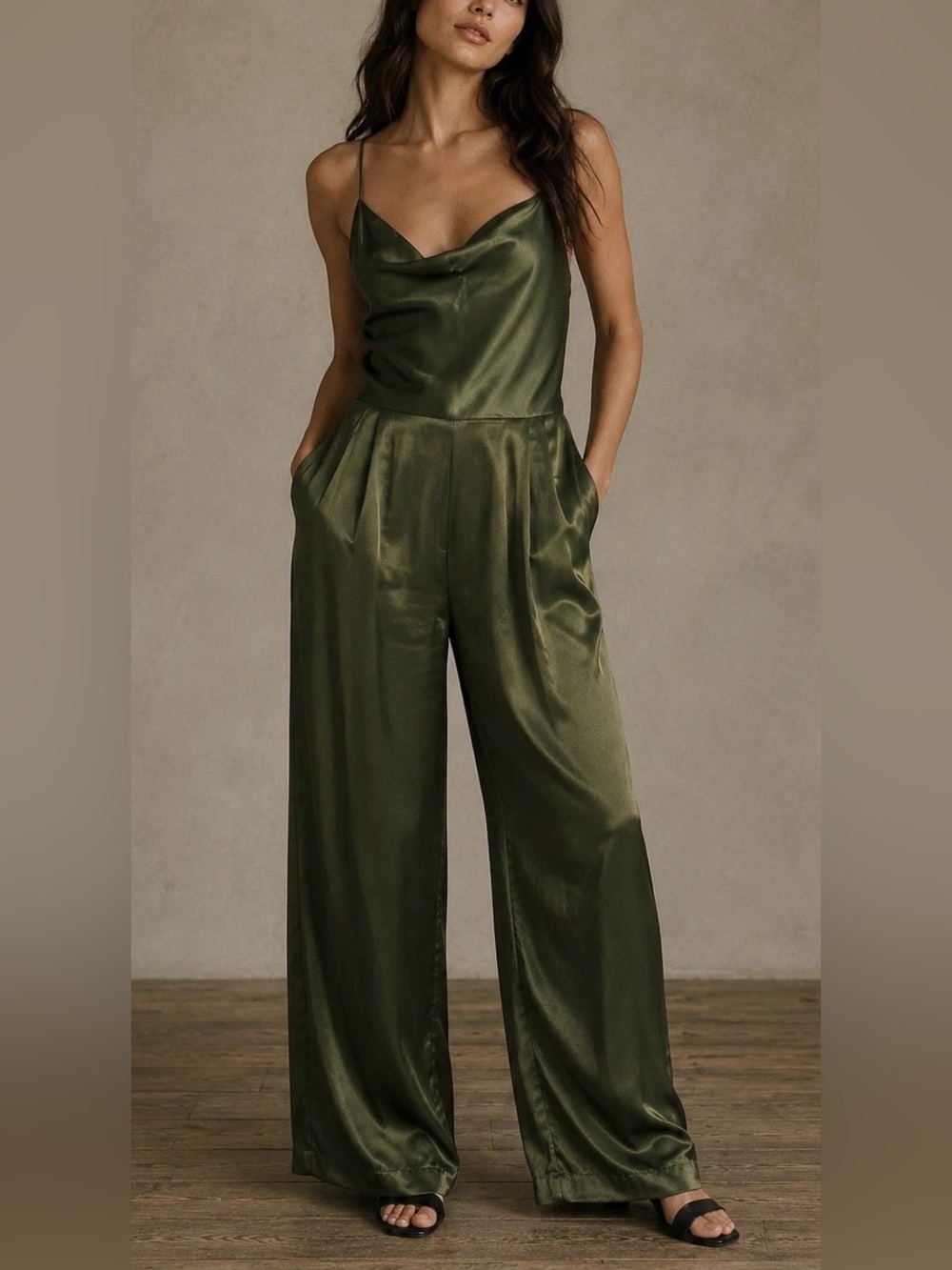 Anthropologie Olive Green  Satin jumpsuit